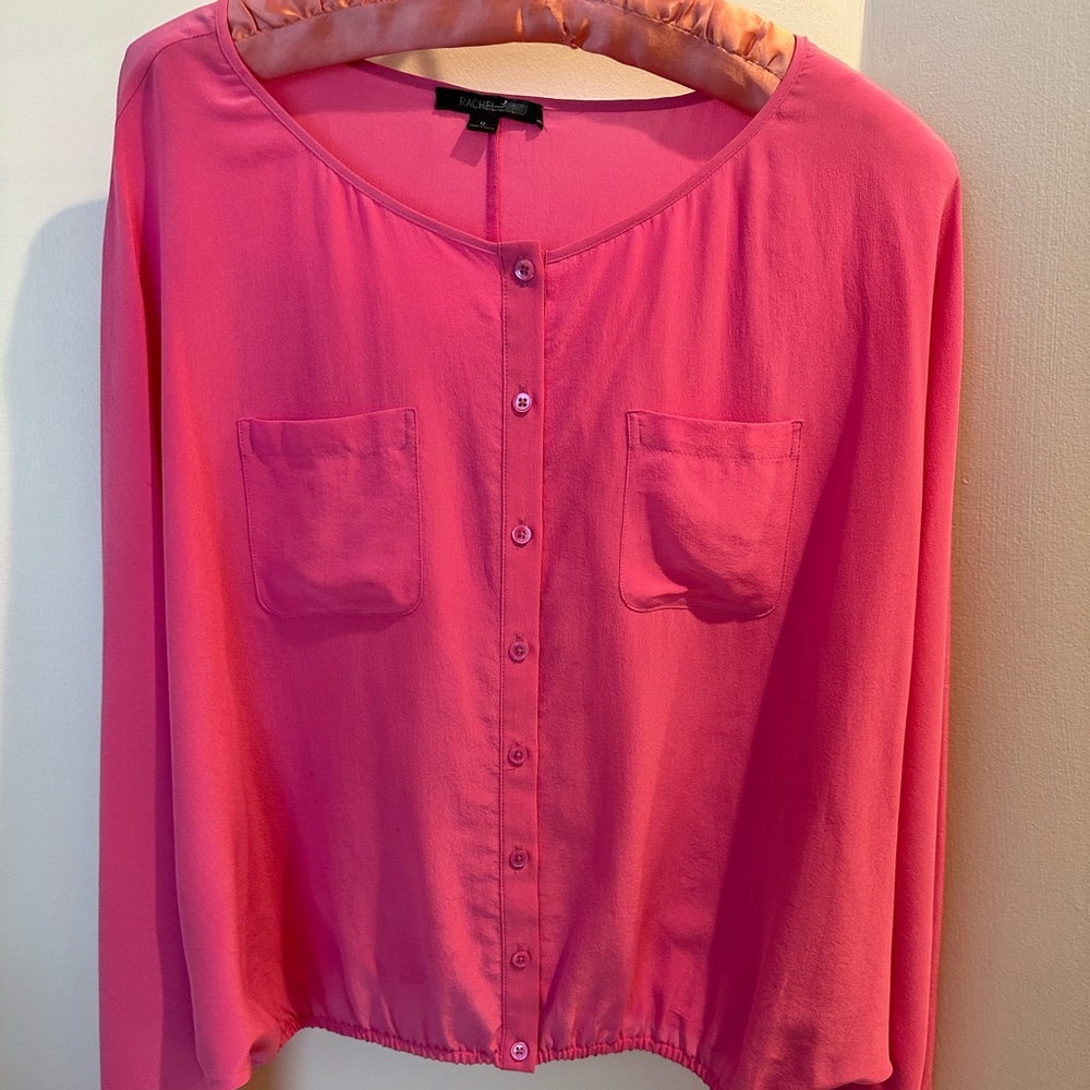 Rachel Zoe pink, silk blouse! Thin Elastic around the sleeves and waist.